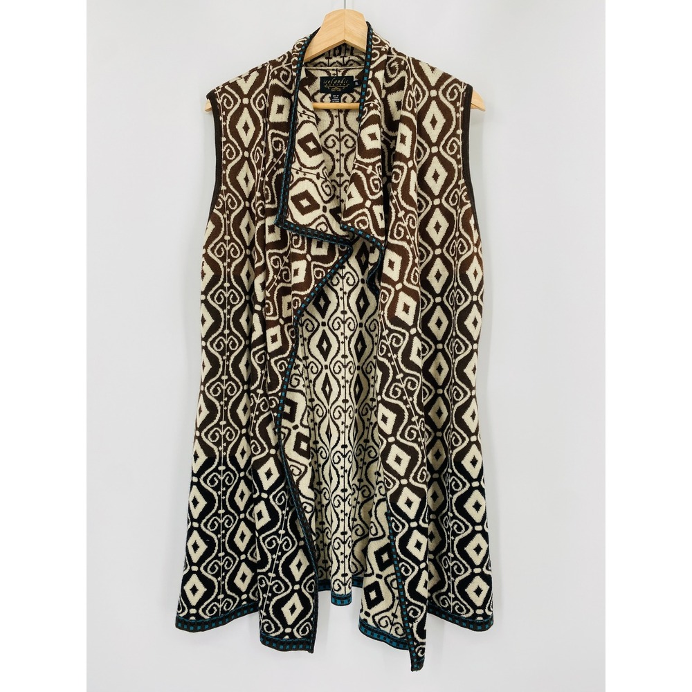 Icelandic‎ Design Vest XL Brown Geometric Wool Blend Open Front Long Cardigan